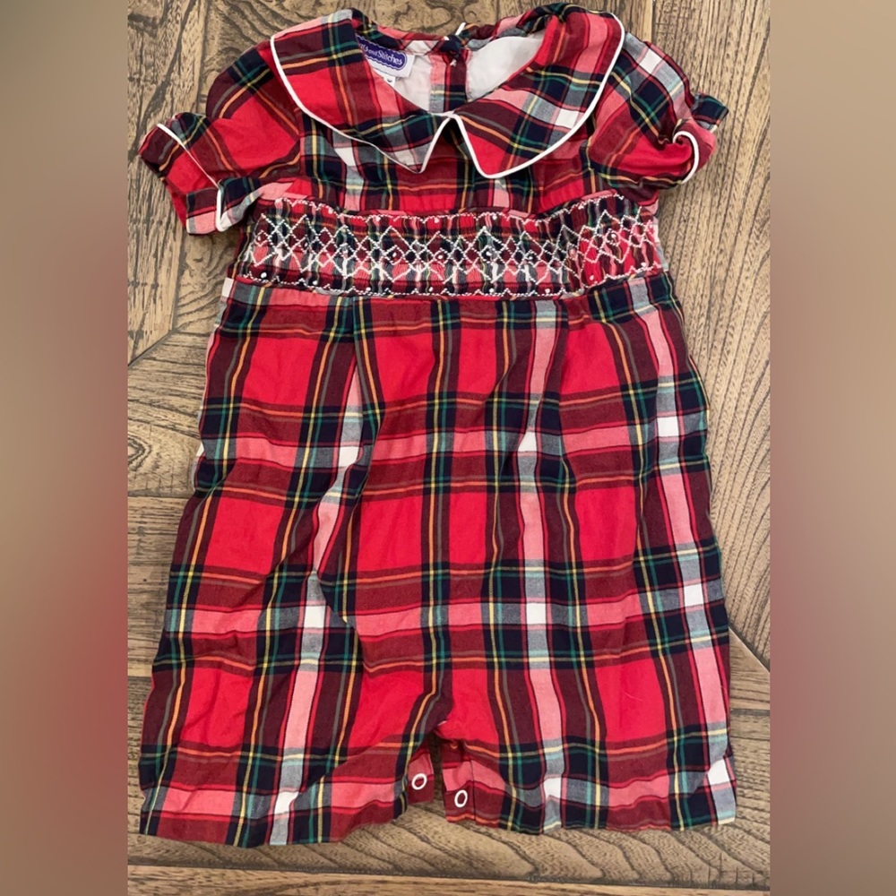 Pleats N Stitches Plaid Christmas Smocked Romper Outfit 2t
